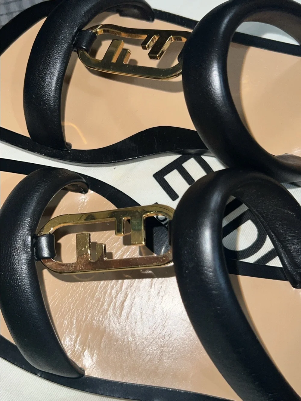 Fendi Black Leather Sandals with Gold Logo Accent